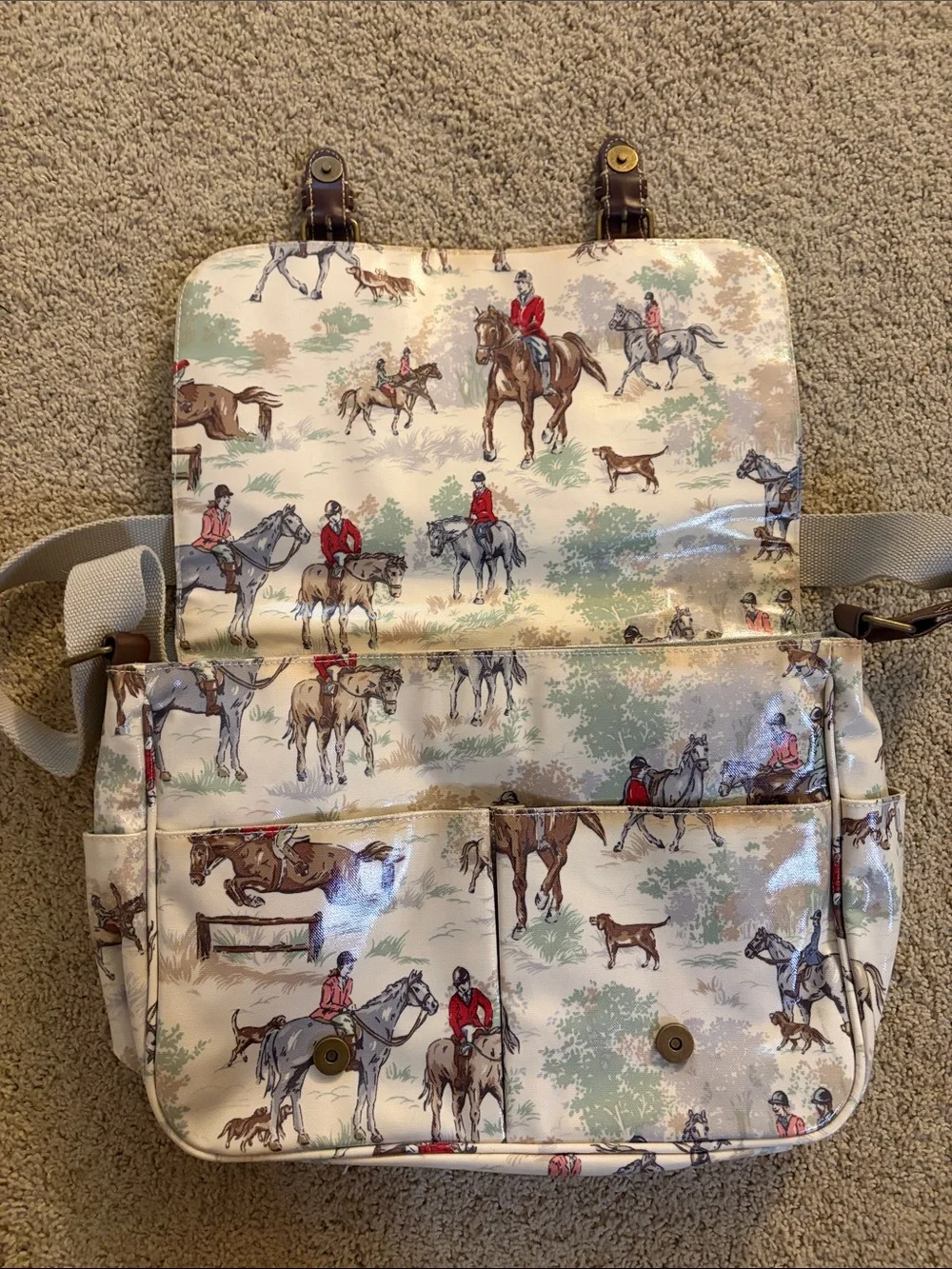 Cath Kidston Cream Equestrian-Print Messenger Bag with Brown Trim